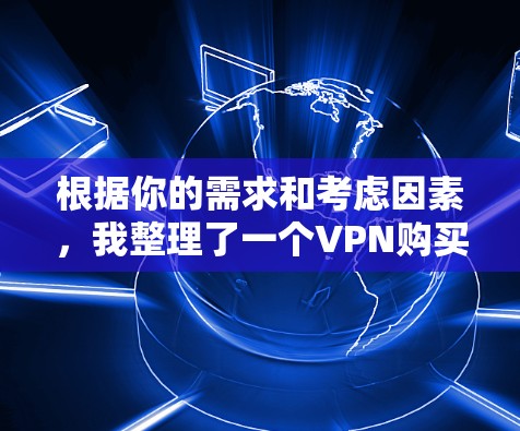 根据你的需求和考虑因素,我整理了一个VPN购买建议,帮助你和朋友做出明智的选择 根据你的需求和考虑因素,我整理了一个VPN购买建议,帮助你和朋友做出明智的选择